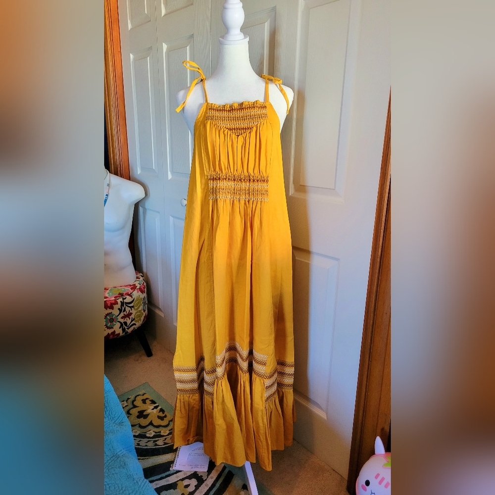 Free People Ruched Linen Sundress Maxi Dress, XS